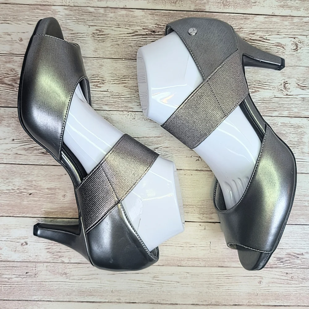 LifeStride Flex Dark Silver Pewter Open Toe Heels Metallic Size 9